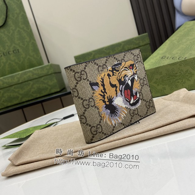 Gucci專櫃古馳最新款虎頭印花GG Supreme帆布錢包男士短夾 jh2245型號：451268